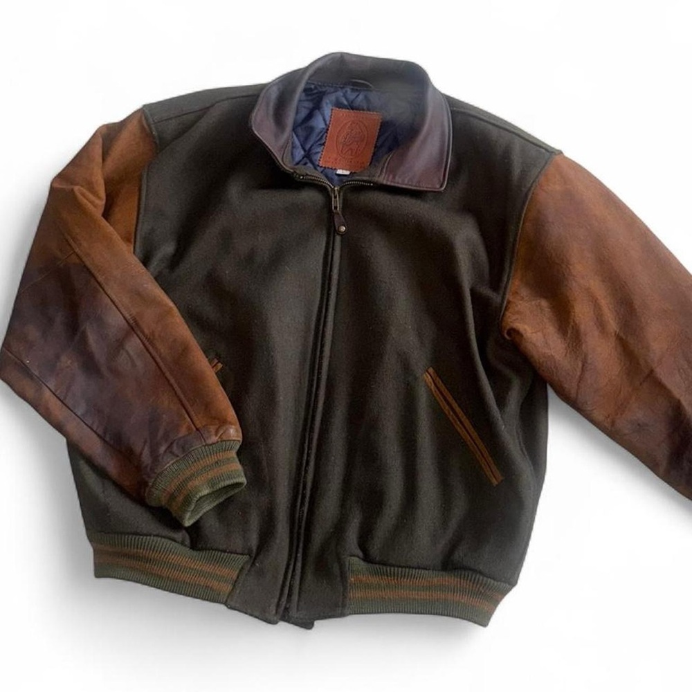 Vintage Forest Green Wool and Leather Golden Bear Men’s Varsity Jacket